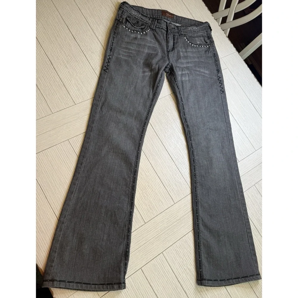 Jeans De Fleur Womens 7 Black Denim Embellished Mid Rise Bootcut‎ Jeans Retro